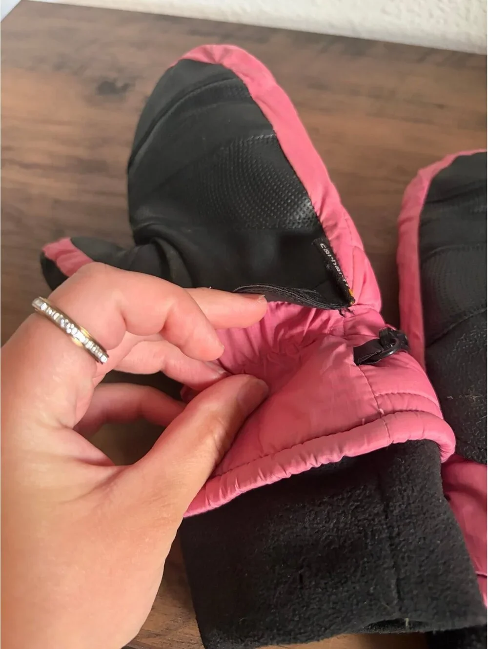Carhartt women's pink mitten gloves size S. Wear as shown